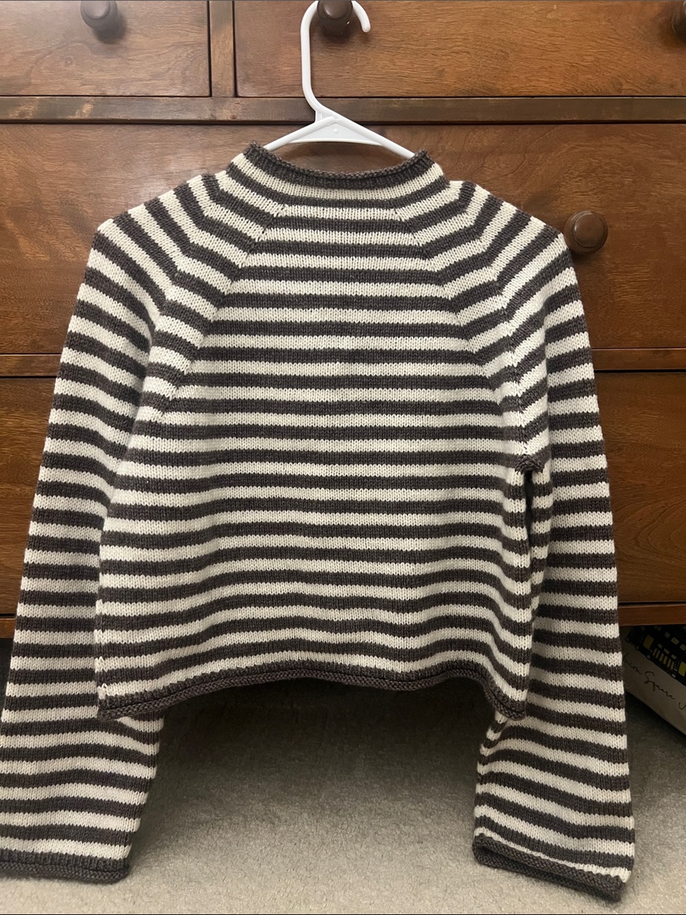 Striped Crewneck Women's Sweater in Cream and Brown - Handknit